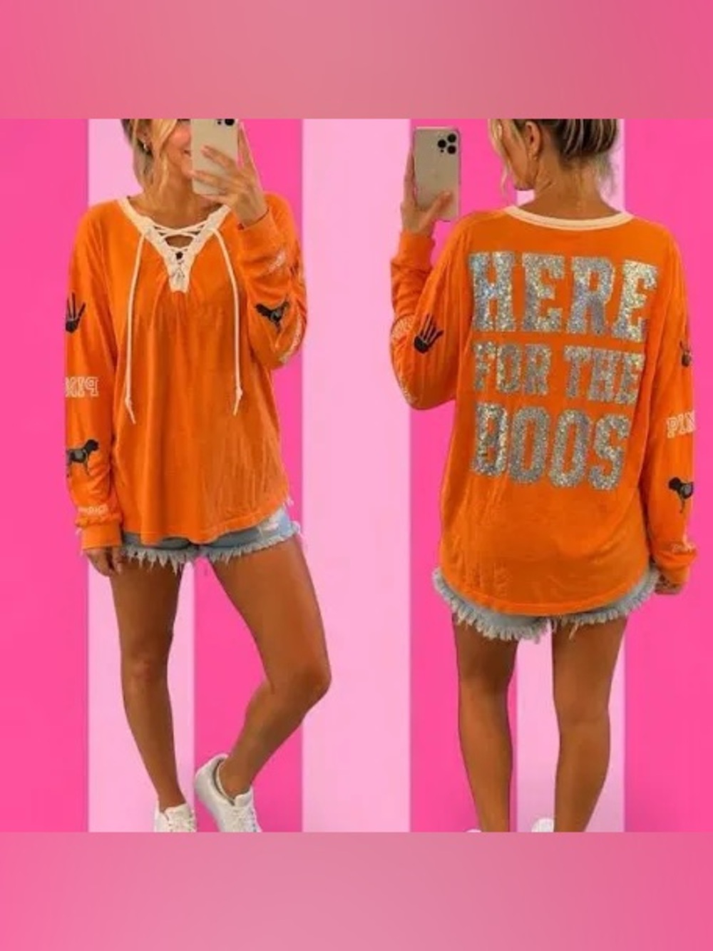 PINK Victoria's Secret Orange Lace-Up Long Sleeve with Sequin back